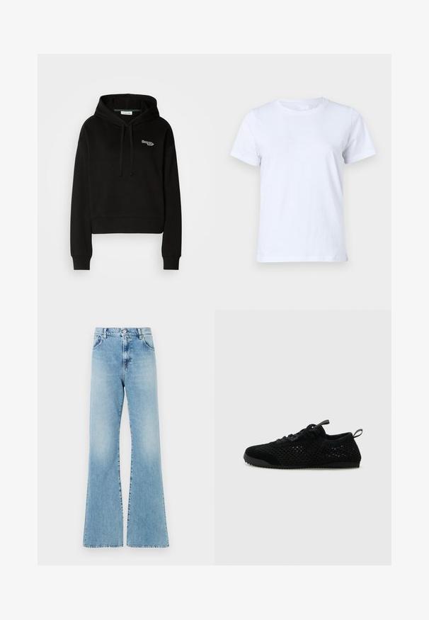 Sudadera corta negra hecha de tela suave, con capucha ajustable y un logo verde y blanco en el pecho. Manga larga con puños acanalados.; Camiseta de algodón blanca, de manga corta, diseño clásico de cuello redondo, textura lisa sin patrones ni acentos, ajuste estándar, simple y versátil.; Jeans acampanados de mezclilla azul clara con cintura alta, cinco bolsillos y detalles de costura, con cierre de botón y cremallera.; Zapatillas deportivas negras con parte superior de malla, acentos de ante y una suela texturizada. Diseño ligero con una silueta de perfil bajo.