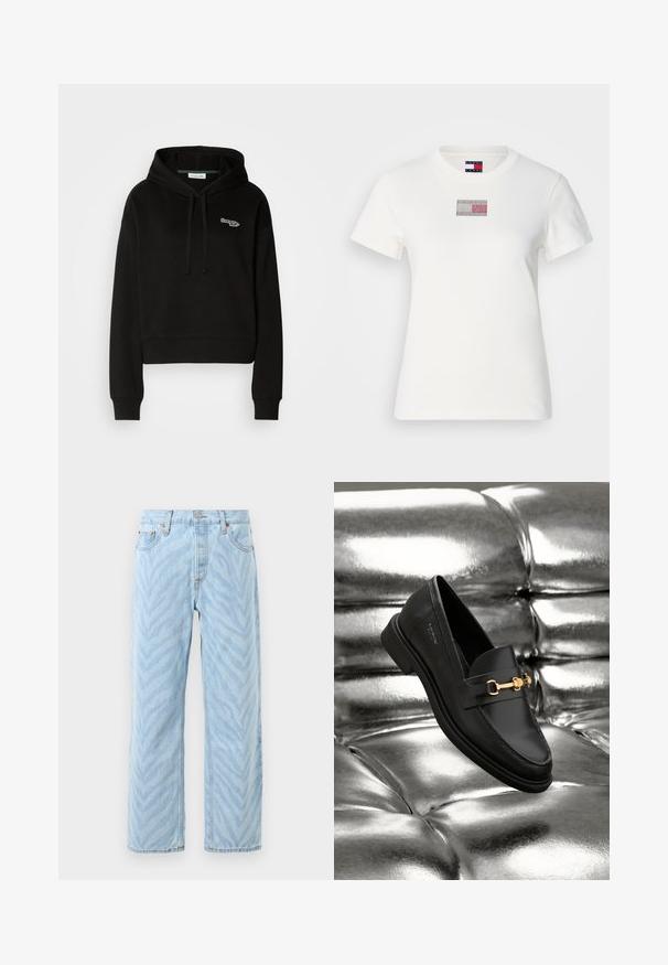 Haut à capuche noir court en tissu doux, avec un cordon de serrage et un logo vert et blanc sur la poitrine. Manches longues avec des poignets côtelés.; T-shirt en coton blanc avec un petit rectangle graphique au design rouge, blanc et bleu. Manches courtes et col rond.; Jeans droit light blue avec un motif subtil de rayures zèbres, fermeture par bouton et zip, et design à cinq poches.; Mocassin en cuir noir avec un détail en métal doré. La chaussure présente un design épuré et une texture lisse et brillante.