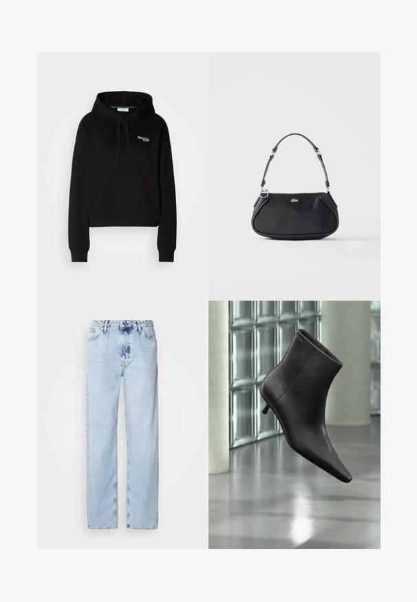 Haut à capuche noir court en tissu doux, avec un cordon de serrage et un logo vert et blanc sur la poitrine. Manches longues avec des poignets côtelés.; Jeans large bleus clairs en denim, avec une taille haute, un lavage décoloré et un motif tie-dye subtil à l'avant.; Bottine en cuir noir avec bout pointu et petit talon, présentée devant un mur en blocs de verre et un sol poli.; Sac d'épaule noir avec sangle réglable, fermeture éclair et petit logo crocodile argenté au centre devant.