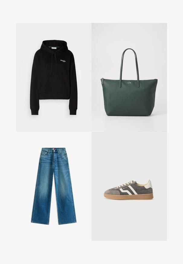 Zwarte cropped hoodie van zacht materiaal, met een capuchon met trekkoord en een groen-wit logo op de borst. Lange mouwen met ribgebreide boorden.; Blauwe wijderechte spijkerbroek met voorzakken, riemlussen, knoopsluiting en kleine merkvlagdetails op de zak en taille.; Grijze suède sneaker met een gestructureerd bovenwerk, voorzien van crèmekleurige strepen en veters, en een gumrubberen zool voor grip. Tijdloos atletisch ontwerp.; Donkergroene totebag gemaakt van textuurmateriaal met twee lange handvatten, voorzien van een klein logo aan de voorkant en een ritsafsluiting.
