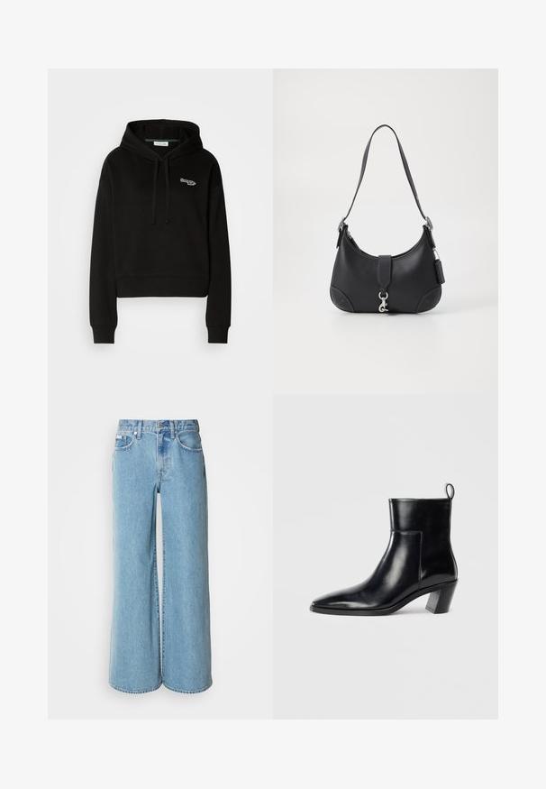 Haut à capuche noir court en tissu doux, avec un cordon de serrage et un logo vert et blanc sur la poitrine. Manches longues avec des poignets côtelés.; Jean large bleu clair en denim, avec une taille haute, un design à cinq poches et un léger dégradé sur le tissu.; Bottine en cuir noir avec un bout pointu, un talon empilé géométrique et une languette à l'arrière. Texture lisse et design épuré.; Sac à main en cuir noir de forme courbe, avec une poignée supérieure, des éléments en métal argenté et des surpiqûres contrastantes. Il présente une sangle à l'avant et des détails de surpiqûres.