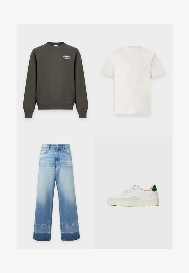 Sweat-shirt vert olive foncé à col rond avec manches longues et petit logo blanc "Maison Kitsuné" sur la partie supérieure gauche de la poitrine.; T-shirt blanc uni à manches courtes et col rond, présenté à plat sur un fond blanc.; Jean en denim bleu clair à coupe large avec des détails délavés et des blocs de couleur plus foncés près de l'ourlet, bouton devant et poches visibles.; Baskets blanches avec des accents en daim, bout arrondi, lacets plats et semelle en caoutchouc crème. Présente une marque verte sur le talon.