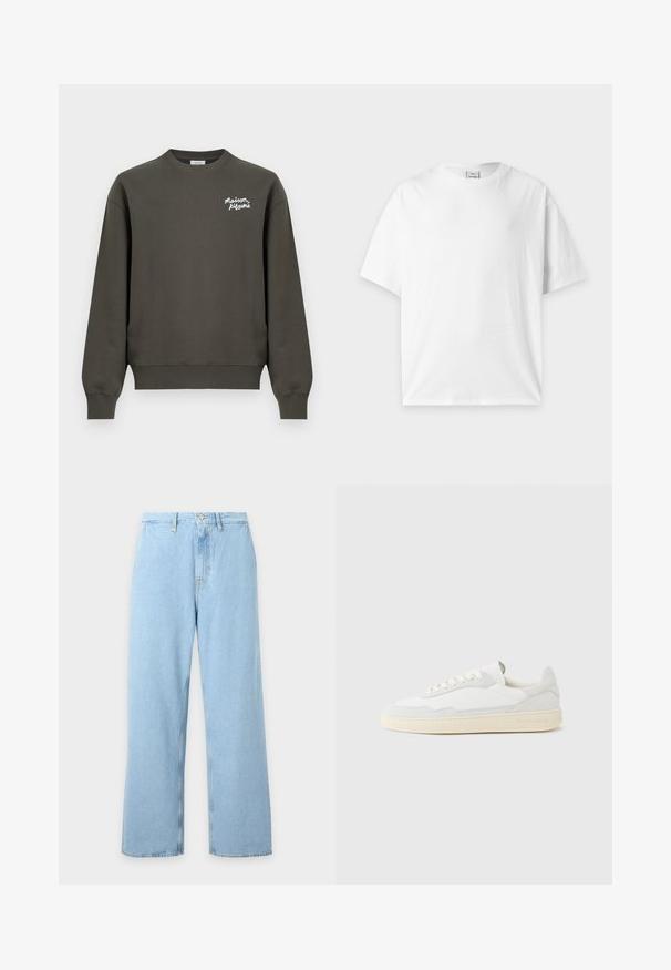 Sweat-shirt vert olive foncé à col rond avec manches longues et petit logo blanc "Maison Kitsuné" sur la partie supérieure gauche de la poitrine.; T-shirt blanc uni à manches courtes et col rond, posé à plat sur un fond gris clair.; Jean bleu clair à taille haute et jambes larges avec passants de ceinture, bouton frontal et fermeture éclair, présenté sur un fond clair uni.; Baskets blanches avec dessus en daim et cuir texturé. Caractérisées par un bout arrondi, une fermeture à lacets et une semelle en caoutchouc beige contrastante.