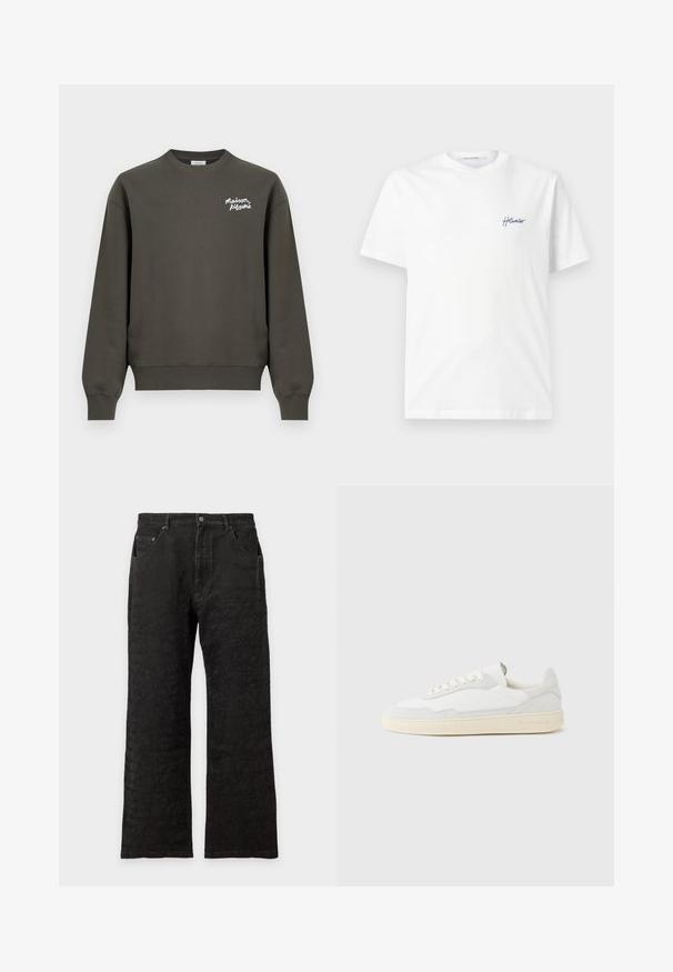 Sweat-shirt vert olive foncé à col rond avec manches longues et petit logo blanc "Maison Kitsuné" sur la partie supérieure gauche de la poitrine.; T-shirt blanc à manches courtes avec col rond, petit logo bleu cursif "Holzweiler" sur la poitrine gauche.; Jean noir à coupe droite avec poches avant, fermeture par boutons et motif texturé subtil sur tout le tissu.; Baskets blanches avec dessus en daim et cuir texturé. Caractérisées par un bout arrondi, une fermeture à lacets et une semelle en caoutchouc beige contrastante.