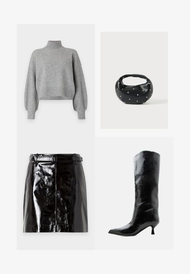 Grå cropped sweater med høj krave, ribbede mansjetter og kant, samt droppede skuldre. Blød tekstur med minimale sømme.; Sort, blank læder mini-nederdel med en matchende bælte og centralt sømdetalje.; Sort skinnende knæhøj læderstøvle med spids tå og lav buet hæl på en ensfarvet lys baggrund.; Sort læderhåndtaske med en rundet form, dekoreret med sølvnitter, og et kort håndtag. Glat tekstur og lynlåslukning.
