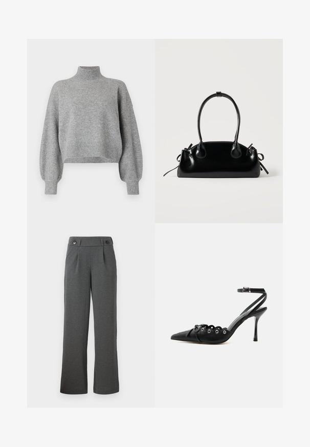Grijze cropped trui met een hoge halslijn, geribde boorden en zoom, en verlaagde schouders. Zachte textuur met minimale naden.; Grijze wijde broek gemaakt van textuurstof, met een hoge taille, plooien aan de voorkant en twee knopen op de tailleband.; Zwarte pumps met hoge hak en spitse neus, gegolfde randen, metalen oogjes, vetergespsluiting aan de voorzijde en enkelriem met gespsluiting.; Kleine zwarte glanzende handtas met twee lange hengsels en zijkant trekkoord details op een effen lichte achtergrond.