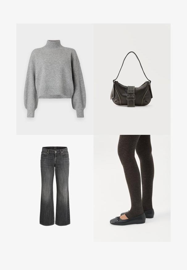 Grå cropped sweater med høj krave, ribbede mansjetter og kant, samt droppede skuldre. Blød tekstur med minimale sømme.; Sorte, falmede, straight-leg jeans i denim med forreste knap, bæltestropper og fem-lommer design.; Ben iført mørke ribbede leggings kombineret med sorte balletsko med små sløjfedetaljer på hvid baggrund.; Sort læder skuldertaske med spænde på remmen, afrundede kanter og kontrasterende hvide syninger på en ensfarvet baggrund.