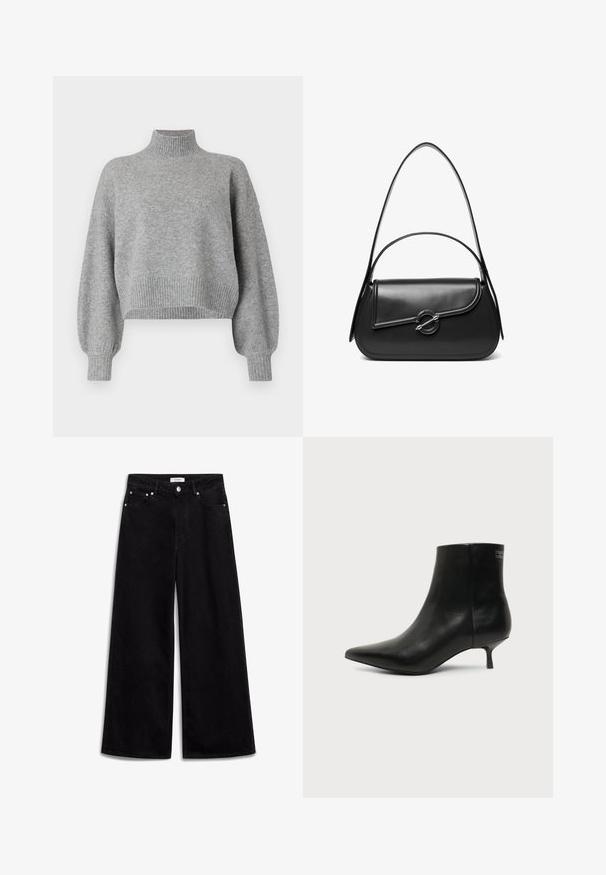 Grijze cropped trui met een hoge halslijn, geribde boorden en zoom, en verlaagde schouders. Zachte textuur met minimale naden.; Zwarte wijde jeans gemaakt van denim, met een hoge taille, vijf zakken en zilveren hardware accenten. Soepele textuur, strakke ontwerp.; Zwart leren enkellaars met puntige neus en lage kittenhak op lichte achtergrond, zijaanzicht buitenkant.; Zwarte leren schoudertas met een gebogen klep die is bevestigd met een ronde metalen sluiting en een smalle, verstelbare band.