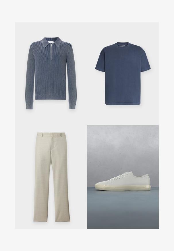 Pull-over en maille côtelée bleu marine foncé avec un col à revers et une fermeture éclair à mi-longueur. Manches longues et poignets ajustés caractérisent ce modèle.; T-shirt bleu marine uni à manches courtes avec col rond, design simple, coutures visibles sur les manches et l'ourlet, posé à plat sur un fond clair.; Pantalon droit couleur beige clair avec passants pour ceinture, fermeture éclair frontale et texture subtile sur fond blanc.; Baskets en cuir blanc avec lacets flottant au-dessus de carreaux en bois carrés et de petits cailloux, avec un arbre et un fond gris.