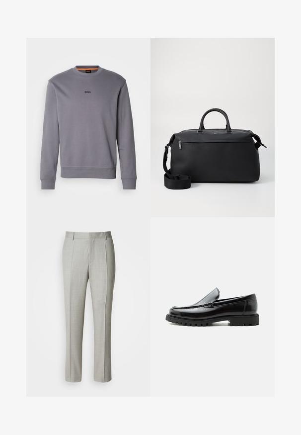 Sweatshirt gris en coton avec un col rond, des poignets et un ourlet côtelés, affichant un petit logo "BOSS" à l'avant.; Pantalon tailleur gris clair en tissu lisse, présentant une coupe droite, des plis à l'avant, et une ceinture classique avec passants pour ceinture.; Mocassin en cuir noir avec semelle en caoutchouc épaisse, dessus cousu et nom de marque embossé sur le talon, présenté de profil sur fond blanc.; Sac de voyage en cuir noir avec deux poignées supérieures, une bandoulière amovible et une poche avant zippée pour un espace de rangement supplémentaire.
