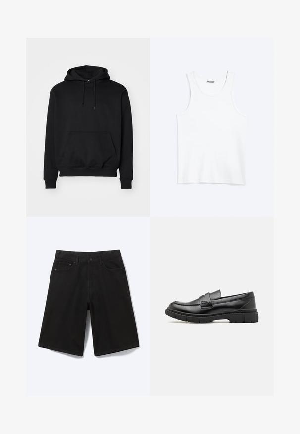 Sort pullover hoodie lavet af blød bomuldsblanding, har en kengurutaske, snøre i hætten, ribbede ærmer, og en afslappet pasform.; Hvid ærmeløs tanktop med rund halsudskæring og Weekday-mærke på den indvendige baghals, vist fladt på lys baggrund.; Sorte denim shorts til knæet med frontknap, bæltestropper og fem lommer, vist mod en hvid baggrund.; Sort læder loafersko med en bred rem over forfoden, gummisål med tykke mønstre og glat overflade. Klassisk, slankt design.