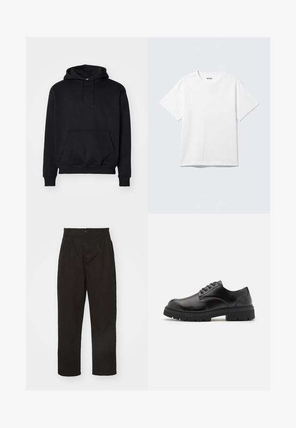 Sort pullover hoodie lavet af blød bomuldsblanding, har en kengurutaske, snøre i hætten, ribbede ærmer, og en afslappet pasform.; Hvid kortærmet crewneck T-shirt lagt fladt ud, ensfarvet design, med "WEEKDAY" mærkat inde i kraven på en lys baggrund.; Sorte bukser lavet af glat stof, med knaplukning, lige pasform og to frontfolder for ekstra detalje.; Sorte lædersko med rund tå, snørelukning og en tykk, struktureret gummisål. Har syninger langs kanten og en glat overflade.