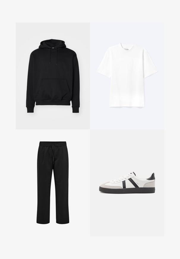 Sort pullover hoodie lavet af blød bomuldsblanding, har en kengurutaske, snøre i hætten, ribbede ærmer, og en afslappet pasform.; Enkel hvid T-shirt med korte ærmer og rund hals med afslappet pasform, vist på en lys baggrund.; Sorte afslappede bukser med elastisk talje og snøre, lige ben pasform og forreste læg.; Hvide sneakers med sorte og grå detaljer, med en tekstureret grå tåhætte, sort gummisål og flade hvide snørebånd. Rent design, minimalistisk stil.