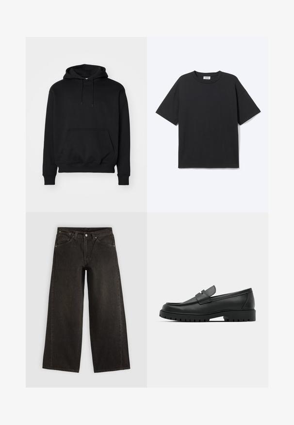 Sort pullover hoodie lavet af blød bomuldsblanding, har en kengurutaske, snøre i hætten, ribbede ærmer, og en afslappet pasform.; Sort T-shirt med korte ærmer og rund hals med afslappet pasform, forfra, ensfarvet design og synligt Weekday-mærke inde i kraven.; Sorte vidbenede denimjeans med forlommer, knaplukning og bæltestropper, vist fladt på en lys baggrund.; Sorte læder loafers med rund tå, der har et syet design, lav platformssål og en struktureret, skridsikker gummisål.