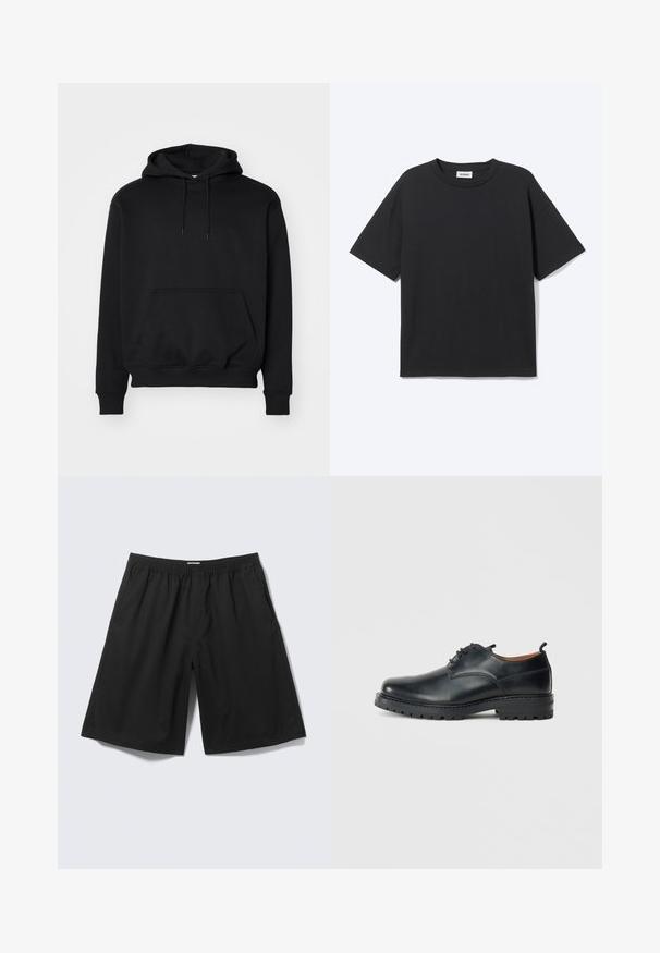 Sort pullover hoodie lavet af blød bomuldsblanding, har en kengurutaske, snøre i hætten, ribbede ærmer, og en afslappet pasform.; Sort T-shirt med korte ærmer og rund hals med afslappet pasform, forfra, ensfarvet design og synligt Weekday-mærke inde i kraven.; Sorte løstsiddende shorts med elastisk taljebånd og sidelommer, vist på en lysegrå baggrund.; Sorte læder derby-sko med en glat overflade, rund tå, snøre-design og en tyk, robust gummisål.