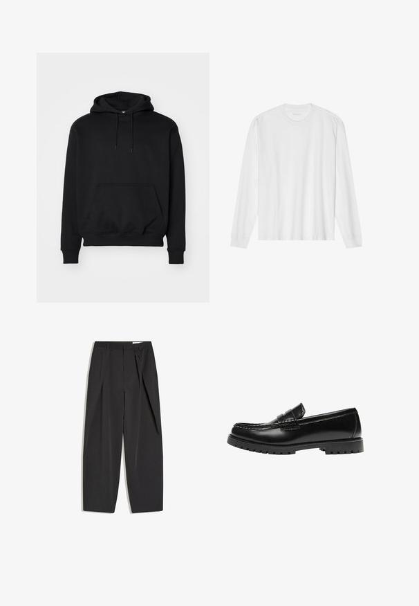 Sort pullover hoodie lavet af blød bomuldsblanding, har en kengurutaske, snøre i hætten, ribbede ærmer, og en afslappet pasform.; Hvid, langærmet t-shirt i bomuld med rund hals, med ribbede ærmeafslutninger og en lige kant, glat tekstur og minimalistisk design.; Sorte sorte bukser med høj talje, skræddersyede med læg, bæltestropper og lige ben, vist fladt på en hvid baggrund.; Sort læderloafer med en kraftig gummisål og klassiske penny-strap detaljer, vist fra ydersiden.