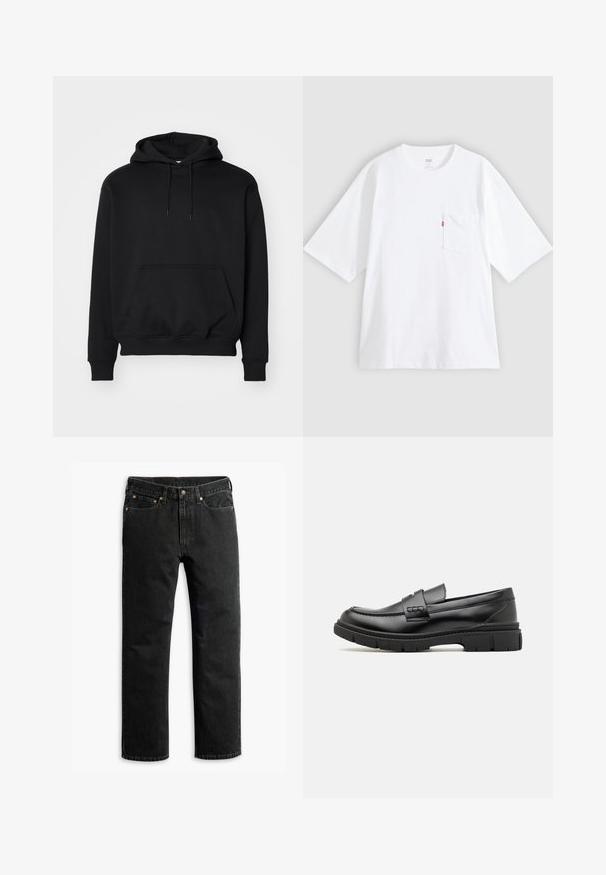 Sort pullover hoodie lavet af blød bomuldsblanding, har en kengurutaske, snøre i hætten, ribbede ærmer, og en afslappet pasform.; Hvid bomulds-T-shirt med korte ærmer, rund hals og lomme på venstre bryst. Har en lille rød logoetiket på lommen.; Sorte lige ben denim jeans med fem lommer, bæltestropper og en knaplukning i taljen, lagt fladt på en hvid baggrund.; Sort læder loafersko med en bred rem over forfoden, gummisål med tykke mønstre og glat overflade. Klassisk, slankt design.