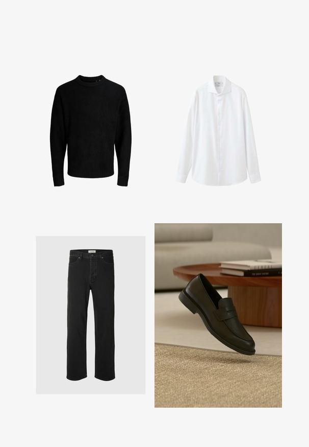 Sort sweater, rund halsudskæring, lange ærmer, ribbede manchetter og kant, blød tekstur, ensfarvet, minimalistisk design.; Hvid langærmet skjorte med knapper, spidst krave og manchetter, vist på en hvid baggrund.; Sorte denim straight-leg jeans har et klassisk fem-lomme design med knaplukning, minimal syning og en blød tekstur.; Sort læderloafer vist i luften over en beige vævet tæppe, med et træbord og stablede bøger i et blødt oplyst stue.