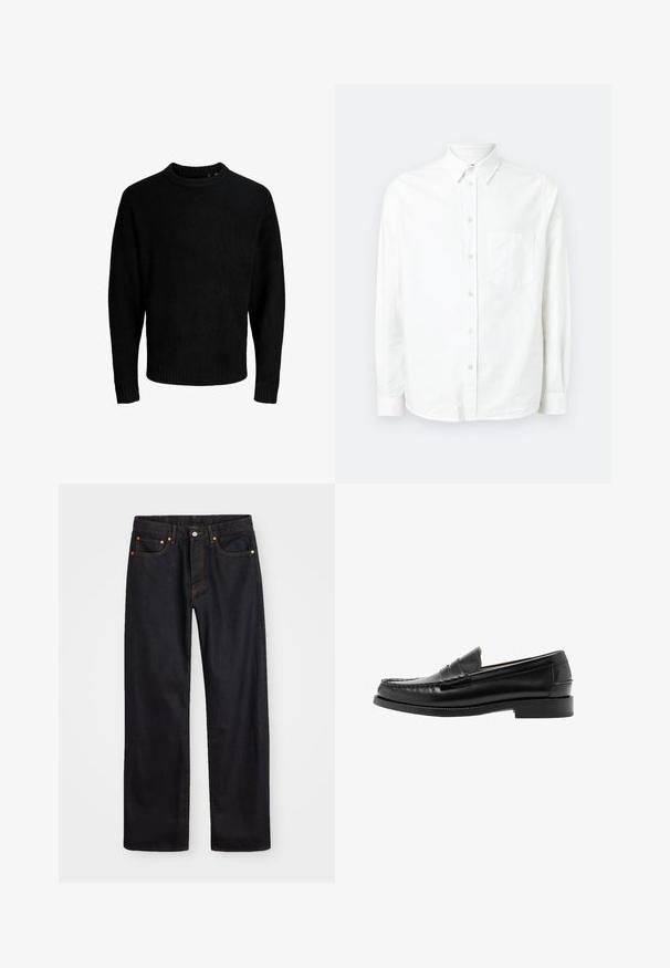 Sort sweater, rund halsudskæring, lange ærmer, ribbede manchetter og kant, blød tekstur, ensfarvet, minimalistisk design.; Hvid langærmet skjorte med knaplukning lavet af letvægtsstof. Har en frontlomme, klassisk krave og subtil tekstur.; Mænds lige ben sorte denim jeans med fem lommer og orange syninger, knap- og lynlåslukning foran på taljen.; Sort læder penny loafer med syninger på moc-tåen, lav hæl og glat poleret finish, vist fra siden på en hvid baggrund.