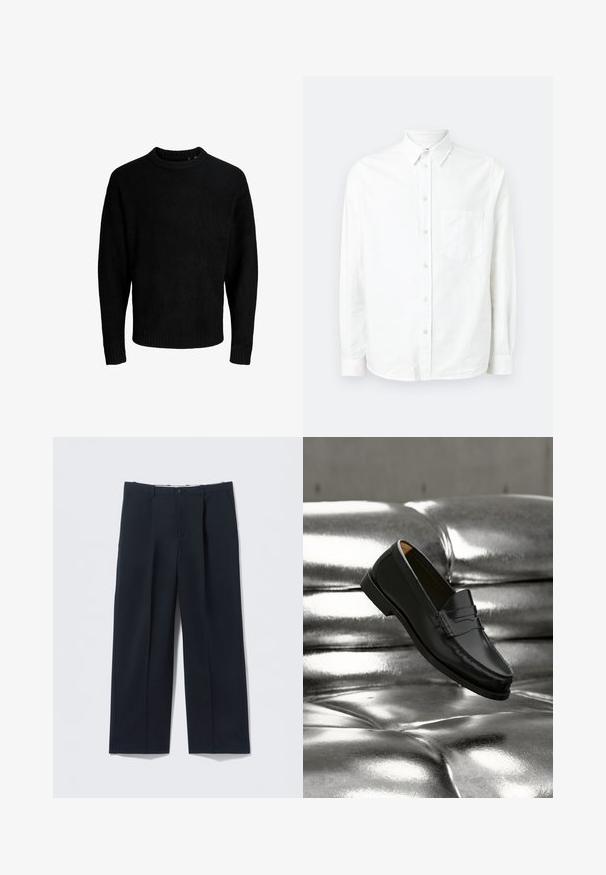 Pull noir, encolure ronde, manches longues, poignets et ourlet côtelés, texture douce, couleur unie, design minimaliste.; Chemise blanche à manches longues avec boutons, en tissu léger. Présente une poche poitrine, un col classique et une texture subtile.; Pantalon bleu marine foncé en tissu lisse, avec une coupe ajustée, deux poches avant et une fermeture par bouton.; Mocassin en cuir noir flottant au-dessus d'un canapé en cuir argenté brillant matelassé à boutons dans un décor minimaliste.