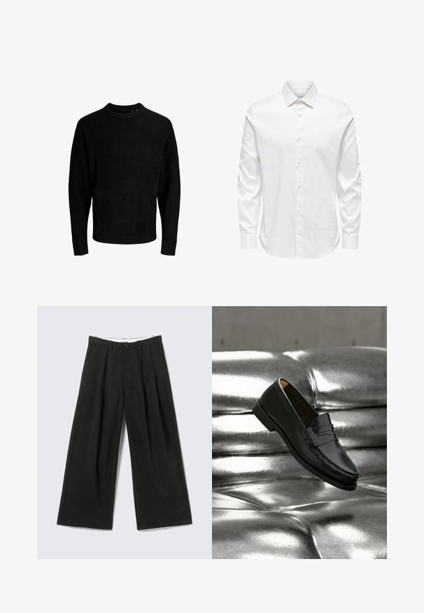 Sort sweater, rund halsudskæring, lange ærmer, ribbede manchetter og kant, blød tekstur, ensfarvet, minimalistisk design.; Hvid herreskjorte med lange ærmer, spids krave og række af hvide knapper foran på ensfarvet baggrund.; Sorte bukser med vide ben, læg, bæltestropper og en knaplukning, vist mod en lys grå baggrund.; Sort læderloafer svæver over en skinnende sølvfarvet, polstret lædersofa i et minimalistisk miljø.