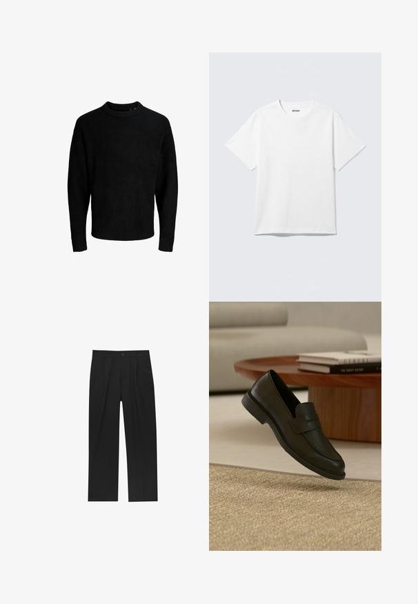 Sort sweater, rund halsudskæring, lange ærmer, ribbede manchetter og kant, blød tekstur, ensfarvet, minimalistisk design.; Hvid kortærmet crewneck T-shirt lagt fladt ud, ensfarvet design, med "WEEKDAY" mærkat inde i kraven på en lys baggrund.; Sorte bukser med lige ben, lavet af et glat stof. Har frontfolder og en enkelt knaplukning i taljen.; Sort læderloafer vist i luften over en beige vævet tæppe, med et træbord og stablede bøger i et blødt oplyst stue.