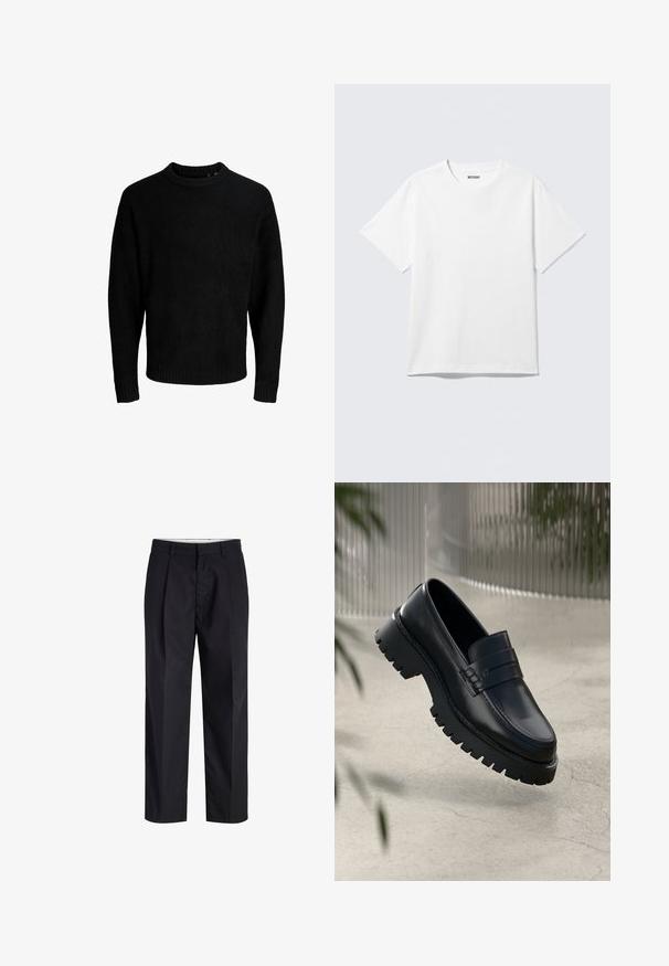 Pull noir, encolure ronde, manches longues, poignets et ourlet côtelés, texture douce, couleur unie, design minimaliste.; T-shirt blanc à manches courtes et col rond, étalé à plat, design uni, avec l'étiquette "WEEKDAY" à l'intérieur du col sur un fond clair.; Pantalon noir à jambes droites avec taille, passants de ceinture, fermeture éclair à l'avant et poches latérales, présenté sur fond blanc.; Mocassins en cuir noir avec une semelle à crampons épaisse, dotés d'une sangle décorative et de détails de couture. Texture lisse avec une finition polie.