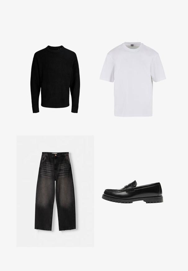 Sort sweater, rund halsudskæring, lange ærmer, ribbede manchetter og kant, blød tekstur, ensfarvet, minimalistisk design.; Hvid kortærmet t-shirt lavet af bomuld. Har en rund halsudskæring og en afslappet pasform. Glat tekstur, minimalistisk design, ingen mønstre eller accenter.; Sorte denim bukser med vid ben, der har et falmet design, fem lommer, knaplukning og subtile slidte detaljer foran.; Sort læderloafer med en kraftig gummisål og klassiske penny-strap detaljer, vist fra ydersiden.