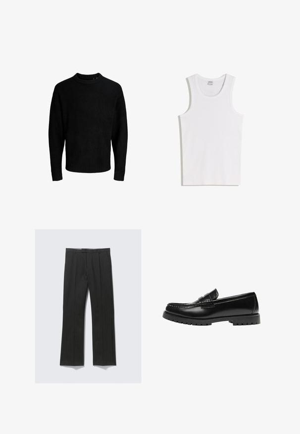 Sort sweater, rund halsudskæring, lange ærmer, ribbede manchetter og kant, blød tekstur, ensfarvet, minimalistisk design.; Hvid bomulds tanktop med rund halsudskæring og brede skulderstropper. Glat tekstur, uden mønstre eller detaljer, enkelt design.; Sort stribede bukser med lige ben-design, der har en glat stoftekstur og to sidelommer.; Sort læderloafer med en kraftig gummisål og klassiske penny-strap detaljer, vist fra ydersiden.