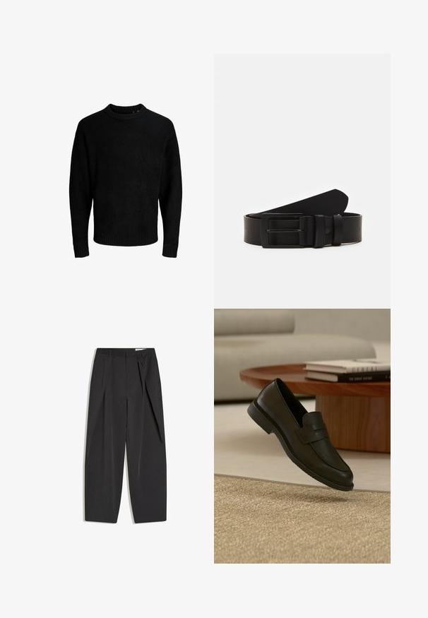 Sort sweater, rund halsudskæring, lange ærmer, ribbede manchetter og kant, blød tekstur, ensfarvet, minimalistisk design.; Sorte sorte bukser med høj talje, skræddersyede med læg, bæltestropper og lige ben, vist fladt på en hvid baggrund.; Sort læderloafer vist i luften over en beige vævet tæppe, med et træbord og stablede bøger i et blødt oplyst stue.; Sort læderbælte rullet med en mat sort rektangulær metalspænde og to bæltesløjfer på en hvid baggrund.