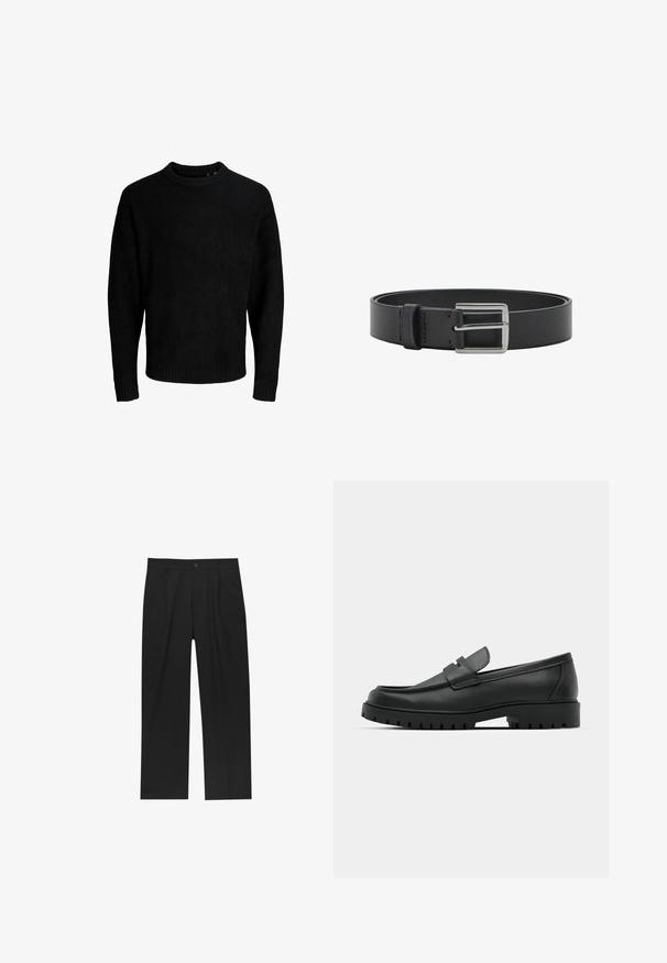Sort sweater, rund halsudskæring, lange ærmer, ribbede manchetter og kant, blød tekstur, ensfarvet, minimalistisk design.; Sorte bukser med lige ben, lavet af et glat stof. Har frontfolder og en enkelt knaplukning i taljen.; Sorte læder loafers med rund tå, der har et syet design, lav platformssål og en struktureret, skridsikker gummisål.; Sort læderbælte med spænde af sølvmetal i rektangulær form og læderbælteløkke på hvid baggrund.