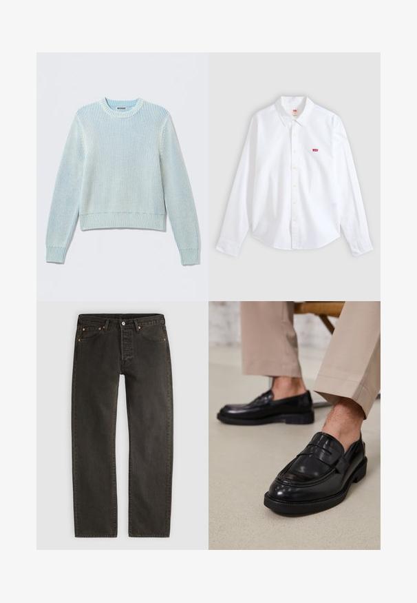 Hellblauer Strickpullover mit Rundhalsausschnitt, langen Ärmeln sowie gerippten Bündchen und Saum, innen im Kragen mit "WEEKDAY" beschriftet.; Weißes langärmliges Hemd mit Knopfleiste und Kragen sowie kleinem rotem Levi's-Logo auf der linken Brustseite vor neutralem Hintergrund.; Schwarze Denim-Jeans mit geradem Bein, vorderem Knopf und Reißverschluss, fünf Taschen und Kupfernieten auf hellgrauem Hintergrund.; Schwarze Lederloafers mit glatter Oberfläche, ausgestattet mit einem dekorativen Riemen und Kontrastnähten, kombiniert mit beigen Hosen.