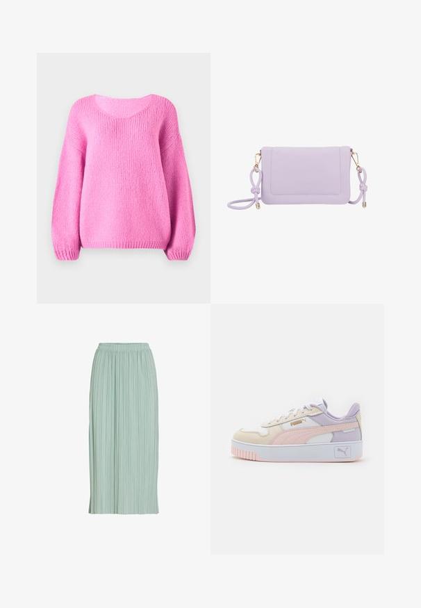 Lyserød strikket sweater med rund halsudskæring, brede ærmer og ribbede manchetter. Blød tekstur og afslappet pasform.; Lysegrøn plisseret midinederdel med elastisk talje, lige pasform og let stof.; Herresneakers i creme, pink og lavendel, fremstillet af syntetisk læder, med hvide snørebånd, en tyk hvid sål og guld logo accenter.; Lilla faux læder crossover taske med guldfarvet hardware, forlommer og knyttet stropdetalje. Glat tekstur og rektangulær form.