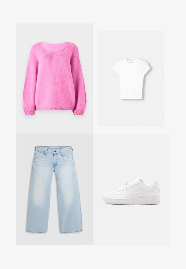 Pull en tricot rose avec un col rond, des manches larges et des poignets côtelés. Texture douce et coupe décontractée.; T-shirt blanc à manches courtes en coton doux, avec un col rond et une coupe ajustée. Pas de motifs ni d'ornements visibles.; Jean large bleu clair en denim. Présente une coupe droite, un design à cinq poches et une fermeture par bouton à la taille.; Basket basse blanche avec embout perforé, fermeture à lacets, semelle texturée et un logo Swoosh discret sur le côté.
