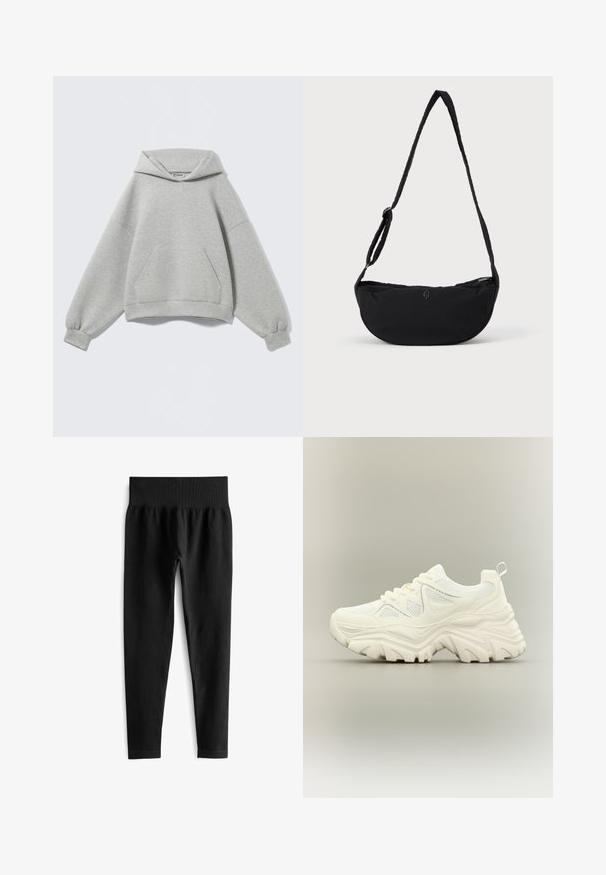 Hanorac oversized, gri deschis, cu buzunar tip cangur în față, manșete striate și glugă pliată, afișat pe un fundal simplu.; Colanți negri, cu textură dintr-un material cu nervuri și talie lată, elastică. Țesătura pare elastică și texturată, terminându-se ușor deasupra gleznei.; Adidași albi groși cu talpă texturată groasă, panouri din plasă, șireturi în față și buclă la călcâi, pe fundal neutru.; Geantă de umăr din material textil negru, cu o formă curbată, având o curea împletită și sistem de închidere cu fermoar. Detaliu discret cu logo în partea din față.