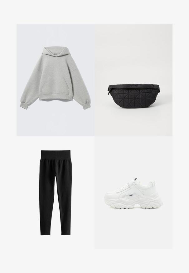 Lysegrå oversized hættetrøje med front kangurulomme, ribkanter og en foldet hætte, vist mod en ensfarvet baggrund.; Sorte ribstrikkede leggings med høj talje, bred elastisk talje og slanke ben i fuld længde på hvid baggrund.; Hvide chunky sneakers med en glat læderoverdel, rund tå og tyk tekstureret sål med et synligt brandlogo på siden.; Sort quiltet taske med en blød, polstret tekstur og et vinkelret diamantmønster, med en buet silhuet og lynlåslukning.