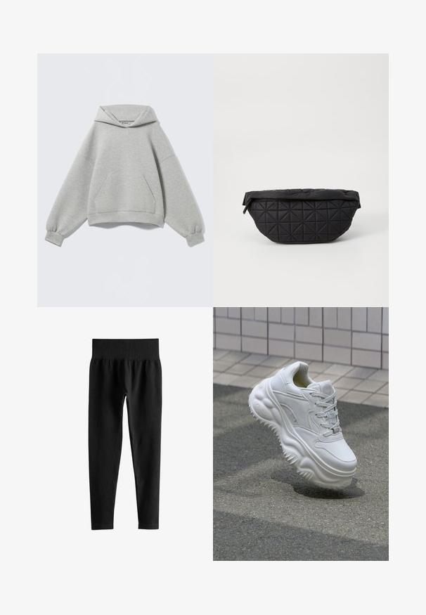 Hanorac oversized, gri deschis, cu buzunar tip cangur în față, manșete striate și glugă pliată, afișat pe un fundal simplu.; Colanți negri cu dungi, talie înaltă, cu o bandă elastică lată și picioare strâmte pe toată lungimea, pe fundal alb.; Adidași albi din piele cu talpă groasă, detalii texturate și sistem de închidere cu șireturi. Prezintă accente modelate și un finisaj neted.; Geantă neagră matlasată care prezintă o textură moale și căptușită, cu un model de diamant unghiular, având o siluetă curbată și închidere cu fermoar.
