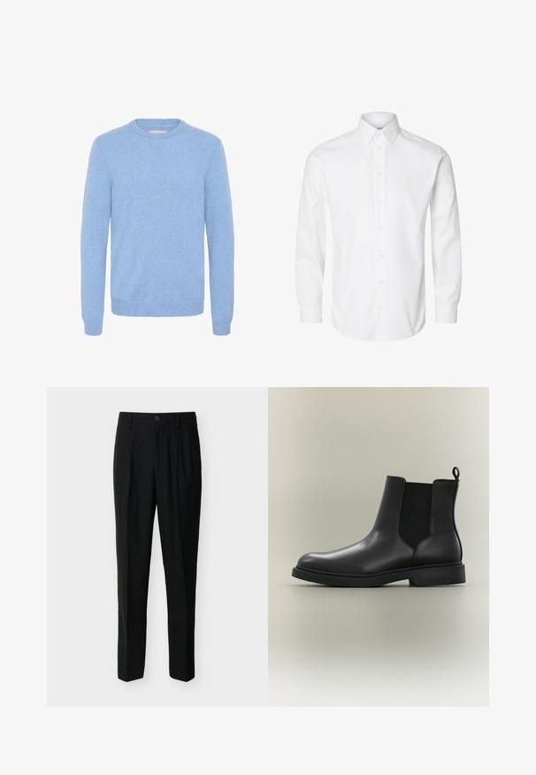 Suéter de cuello redondo en azul claro suave, con mangas largas y puños y dobladillo acanalados, hecho de una tela de punto fino.; Camisa blanca de manga larga con cuello puntiagudo, botones visibles en la parte delantera y puños abotonados.; Pantalones negros a medida de talle alto con trabillas para cinturón, pinzas delanteras, bolsillos laterales y cierre de botón y cremallera.; Bota Chelsea de cuero negro con paneles laterales elásticos, lengüeta en la parte trasera y suela de goma baja y duradera, mostrada sobre un fondo neutro.
