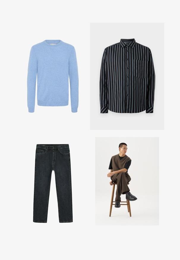 Blød lyseblå crew neck sweater med lange ærmer og ribbede manchetter og kant, lavet af et fint strikket stof.; Sort button-up skjorte med blå lodrette striber, lange ærmer, krave og en brystlomme. Glat stof, afslappet pasform, standard knapper.; Sorte jeans med lige ben, fem lommer, knaplukning og synlige syninger på hvid baggrund.; Brun strikket vest over en sort t-shirt, parret med brune vidde bukser og sorte chunky sko, siddende på en træstub.