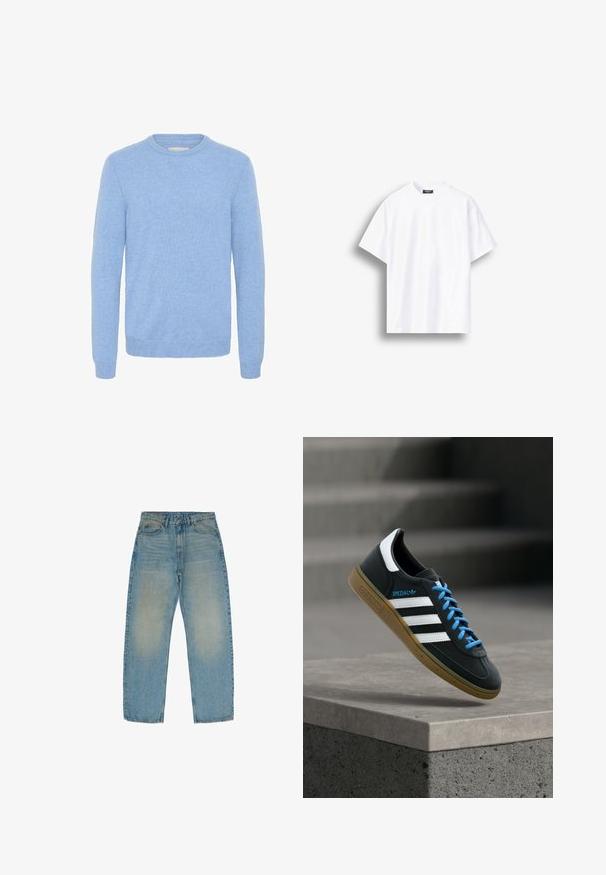Blød lyseblå crew neck sweater med lange ærmer og ribbede manchetter og kant, lavet af et fint strikket stof.; Enkel hvid t-shirt med korte ærmer og rund hals med løs pasform, vist mod en hvid baggrund med skygge på venstre side.; Lyseblå lige ben jeans lavet af denim, med en falmet tekstur og en medium vask, fem lommer og lynlås.; Sort Adidas sneaker med hvide striber, blå snørebånd og gummisål, der svæver over gråt betontrin i blødt lys.