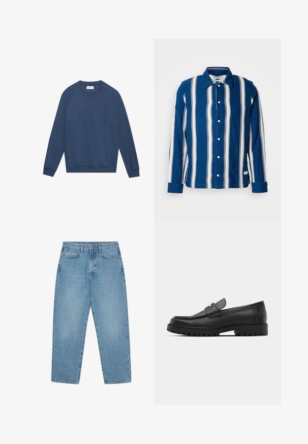 Langärmliges, blaues Crewneck-Sweatshirt mit Raglanärmeln, gerippten Bündchen und Saum sowie einem kleinen gestickten "X"-Detail unterhalb des Kragens.; Blau-weiß gestreiftes Hemd mit Knöpfen, aus Baumwolle, mit Kragen, langen Ärmeln und einem Etikett am Saum.; Hellblaue Jeans aus Denim mit geradem Bein, Fünf-Taschen-Design und leicht verwaschener Textur. Mit Knopf- und Reißverschluss ausgestattet.; Schwarze Lederloafer mit runder Zehenform, ausgestattet mit einem gesteppten Design, niedrigem Plattformsohle und einer strukturierten, genoppten Gummisohle.