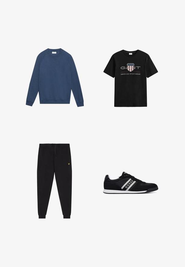Langärmliges, blaues Crewneck-Sweatshirt mit Raglanärmeln, gerippten Bündchen und Saum sowie einem kleinen gestickten "X"-Detail unterhalb des Kragens.; Schwarzes T-Shirt mit kurzen Ärmeln und Rundhalsausschnitt, mit einem Schild-Logo mit "1949" und dem Schriftzug "GANT" über roten und weißen Streifen, darunter "American Sportswear".; Schwarze Jogginghose mit elastischem Bund und Kordelzug, zulaufenden Beinen mit Bündchen und kleinem gelben gesticktem Logo am rechten Oberschenkel.; Schwarzer Sneaker mit niedrigem Schaft, weißer Sohle und grauen Streifen, mit dem Markennamen "GUESS" an der Seite.