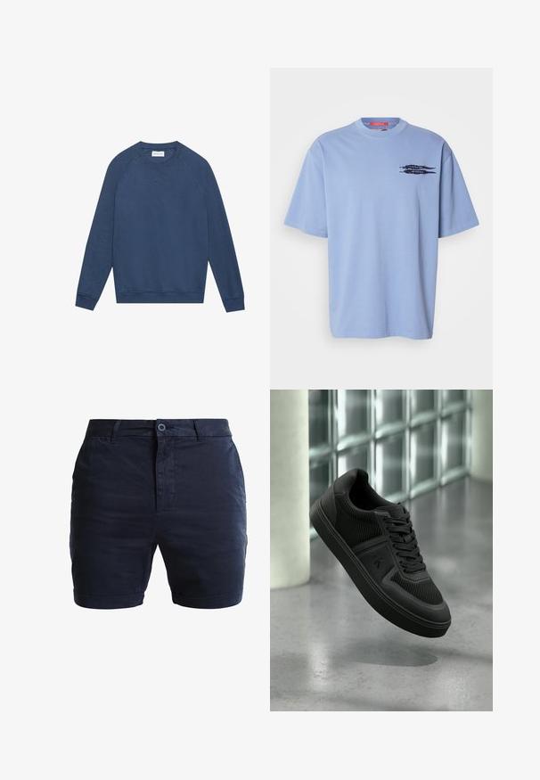 Langärmliges, blaues Crewneck-Sweatshirt mit Raglanärmeln, gerippten Bündchen und Saum sowie einem kleinen gestickten "X"-Detail unterhalb des Kragens.; Hellblaues T-Shirt mit kurzen Ärmeln aus Baumwolle. Verfügt über einen Rundhalsausschnitt und ein schwarzes Grafikdesign von Pfeilen auf der linken Brustseite.; Marineblaue Baumwollshorts mit flachem Bund, Knopfverschluss und aufgeschlagenen Säumen. Glatte Textur und minimalistisches Design mit seitlichen Taschen.; Schwarzer Low-Top-Sneaker mit strukturierten Paneelen, Schnürsenkeln und "ck"-Logo an der Seite, schwebt über einem polierten Betonboden in der Nähe von Glasbausteinen.