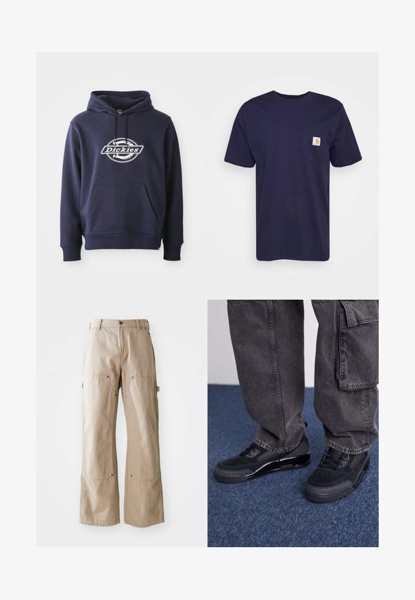 Navyblauwe hoodie gemaakt van een katoenmix. Heeft een voorkantzak en een capuchon met koord. Witte "Dickies" logo op de borst in een ronde vorm.; Navyblauwe katoenen t-shirt met korte mouwen, ronde hals en linkerkant borstzak met een geel en wit Carhartt-logo erop geborduurd.; Beige wijde broek van stevige katoen. Heeft voor- en zijzakken, zichtbare stiksels en metalen accenten op de zakken.; Zwarte sportieve schoenen met een gestructureerd oppervlak, gladde accenten en een chunky zool, gecombineerd met donkere, loszittende cargo pants.