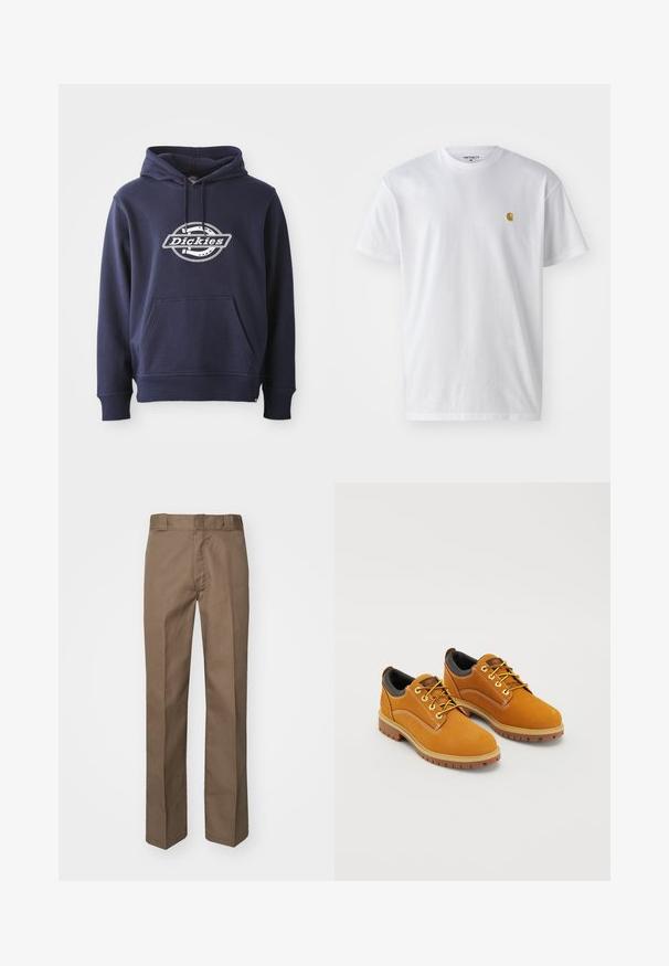 Tumed sinine kapuutsiga särk, mis on valmistatud puuvilla segust. Omab eesmist taskut ja reguleeritavat kapuutsi. Valge "Dickies" logo rinnal ümmarguses kujunduses.; Valge puuvillane t-särk lühikeste varrukatega, ümmargune kaelus, millel on väike kuldne logo vasakul rinnal. Pehme tekstuur ja regulaarne lõike.; Pruunid püksid, millel on tasane eesmine osa, sirged jalad ja klassikaline vöökoht. Valmistatud vastupidavast kangast, ei ole nähtavaid mustreid ega kaunistusi.; Pruuni suede'ist kingad ümarate varvastega, kollaste nööpide, pehmendatud musta kaeluse ja kummitaldadega, mis on varustatud haarderaamidega.