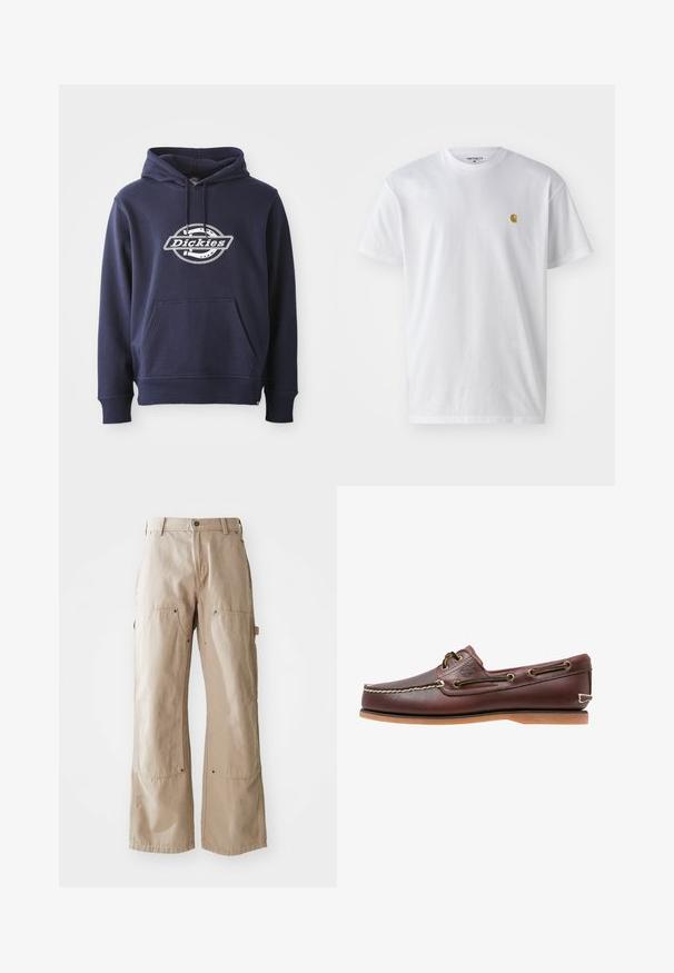 Hoodie bleu marine en mélange de coton. Doté d'une poche frontale et d'une capuche avec cordon de serrage. Logo "Dickies" blanc sur la poitrine dans un design circulaire.; T-shirt en coton blanc à manches courtes, col rond, avec un petit logo doré sur la poitrine gauche. Texture douce et coupe régulière.; Pantalons larges beige en coton robuste. Comprend des poches avant et latérales, des coutures visibles et des accents en métal sur les poches.; Chaussure bateau en cuir marron avec coutures blanches, détails de lacets et semelle en caoutchouc beige, vue de côté sur fond blanc.