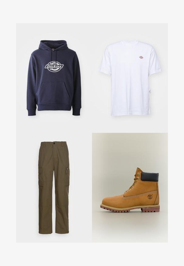 Hoodie bleu marine en mélange de coton. Doté d'une poche frontale et d'une capuche avec cordon de serrage. Logo "Dickies" blanc sur la poitrine dans un design circulaire.; T-shirt en coton blanc avec un col en V et des manches courtes. Présente un petit logo coloré brodé sur la poitrine gauche. Texture douce.; Pantalons cargo en vert olive, fabriqués en tissu durable. Présentent deux poches latérales, une taille standard et une coupe droite.; Bottine en cuir marron avec col noir, lacets jaunes et semelle beige. Présente un logo et des détails de couture blanche. Semelle extérieure à traction robuste.