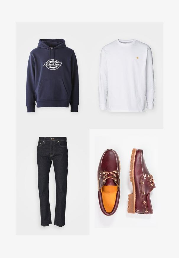 Navyblauwe hoodie gemaakt van een katoenmix. Heeft een voorkantzak en een capuchon met koord. Witte "Dickies" logo op de borst in een ronde vorm.; Witte lange mouwen t-shirt van katoen. Voorzien van een klein gouden logo op de borst en een ronde hals. Eenvoudig ontwerp en standaard pasvorm.; Donkerblauwe denim broek met een rechte pasvorm, voorzien van een knoopsluiting, vijf zakken en gouden stikselaccenten. Glad textuur.; Bordeaux leren schoenen met bruine rubberen zolen, ronde neus, witte stiksels en gouden veterogen. Het interieur heeft een gele voering.