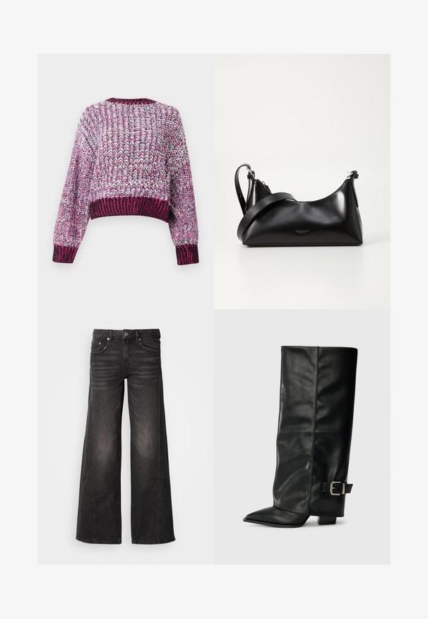 Pull court texturé avec un motif multicolore dans des nuances de rose, violet et blanc. Encolure et poignets côtelés.; Jeans en denim noir à jambes larges avec détails délavés, design à cinq poches, fermeture par bouton et fermeture éclair.; Bottes noires en cuir longueur cheville avec un bout pointu, texture lisse et une accent en boucle argentée sur le côté. Talon carré épais.; Sac à main en cuir noir avec une texture lisse. Dispose d'une bandoulière adjustable et d'un design élégant et minimaliste avec une fermeture éclair.