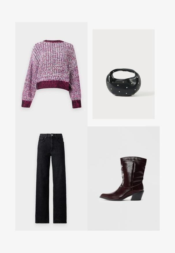 Pull court texturé avec un motif multicolore dans des nuances de rose, violet et blanc. Encolure et poignets côtelés.; Jean en denim noir taille haute avec fermeture à bouton et à glissière, poches avant et arrière, et coupe droite.; Bottines en cuir bourgogne avec un bout pointu, une surface texturée et un petit talon effilé. Présente une couture discrète et un ajustement confortable.; Sac à main en cuir noir de forme arrondie, décoré de clous argentés et équipé d'une poignée courte. Texture lisse et fermeture éclair.